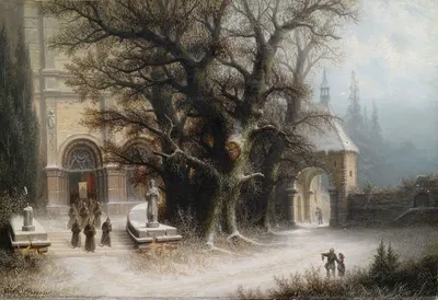 Procession at a Snowy Monastery by Albert Bredow, 1887 — digital art print download