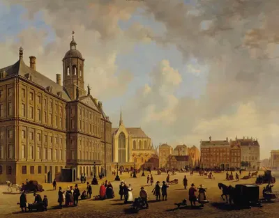 A bustling day in front of the City hall on the Dam Square, the Nieuwe Kerk in the distance, Amsterdam by Bartholomeus…