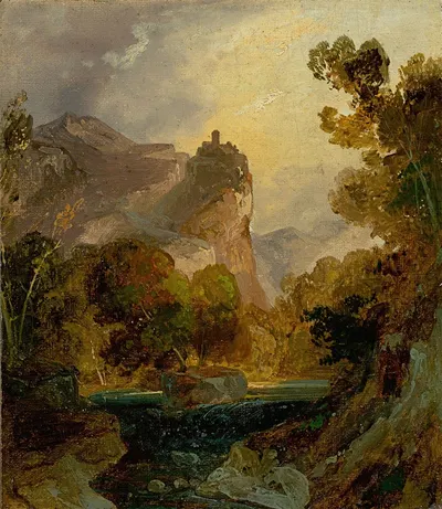 View of a river valley in the mountains with a castle on a high rock by Carl Blechen — digital art print download