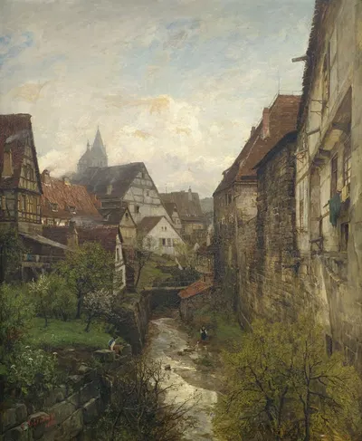 Partie in der Esslinger Altstadt am Stadtgraben mit den beiden Türmen der Stadtkirche im Hintergrund by Gustav Schönleber,…