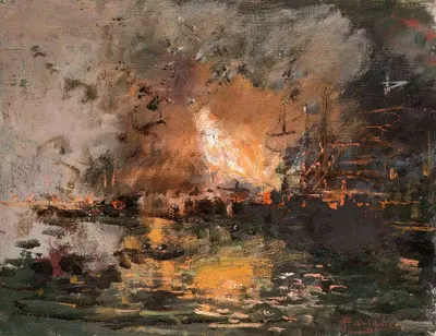 Boat on fire in a harbour by Pompeo Mariani — digital art print download