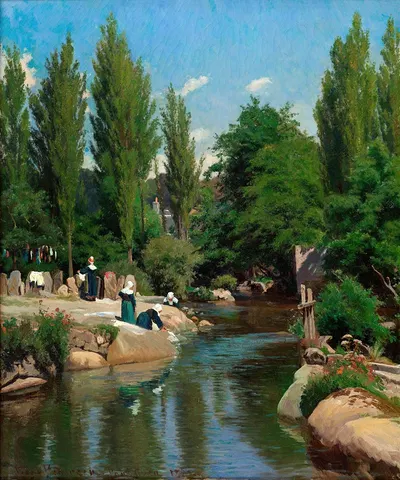 Washing clothes by a creek in Brittany by Viggo Pedersen, 1882 — digital art print download