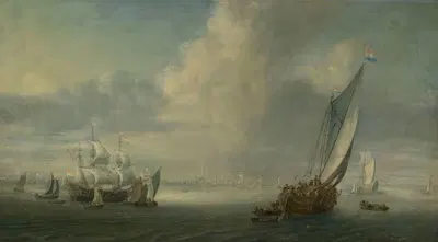 Морской вид с портом на заднем плане by Абрахам де Вервер — digital art print download