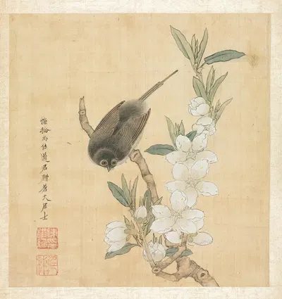 A Bird and Peach-Blossom Branch by Чэнь Хуншоу, 1598-1652 — digital art print download