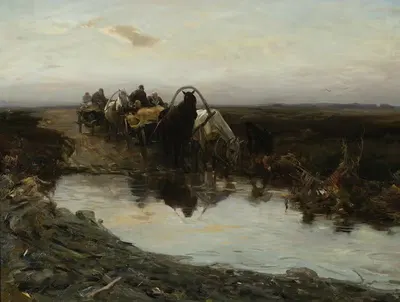 Крестьянские повозки перед лужей by Альфред фон Вирус-Ковальский — digital art print download