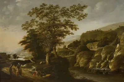 Rhine landscape with a waterfall by Claes Jansz. van der Willigen — digital art print download