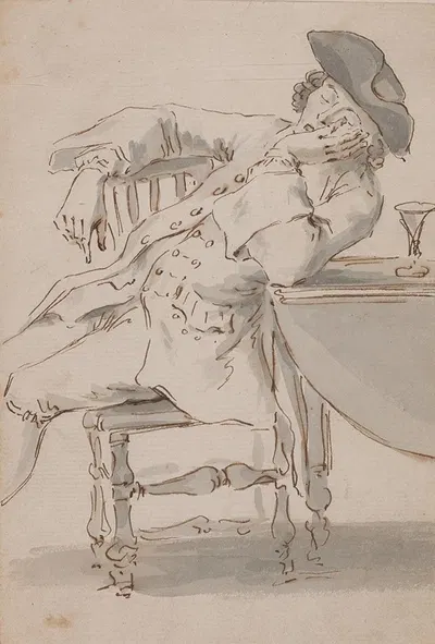 Man Asleep leaning against a table by Louis Philippe Boitard — digital art print download
