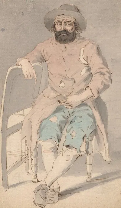 Man in Ragged Clothes Seated with Right Arm Over Another Chair by Louis Philippe Boitard — digital art print download