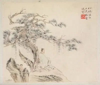 An Old Man Sits under a Pine Tree, a Boy is behind a Stone by Hua Yan — digital art print download