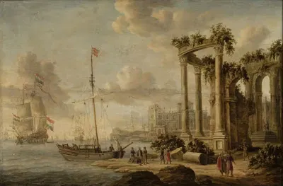 Прибрежный пейзаж с древними руинами на побережье by Якубус Сторк, 1674 — digital art print download