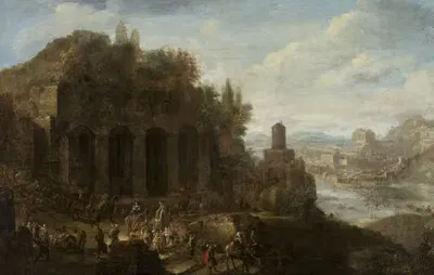 Пейзаж с видом на портовый город by Ян Питерс Старший, 1662 — digital art print download