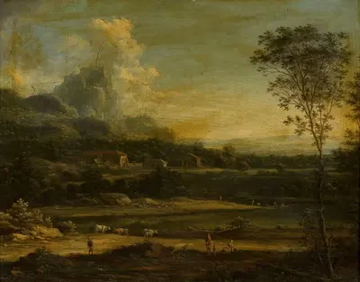 Mountain landscape with a lake and buildings by Johann Christian Vollerdt, 1764 — digital art print download