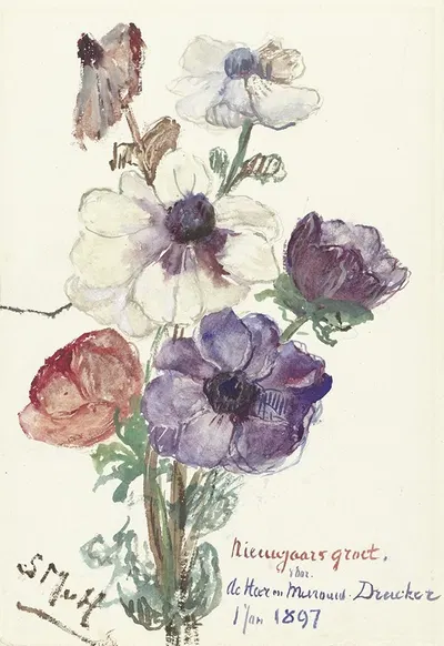 Nieuwjaarsgroet met anemonen by Сиентье Месдаг ван Хутен, 1896 - 1897 — digital art print download