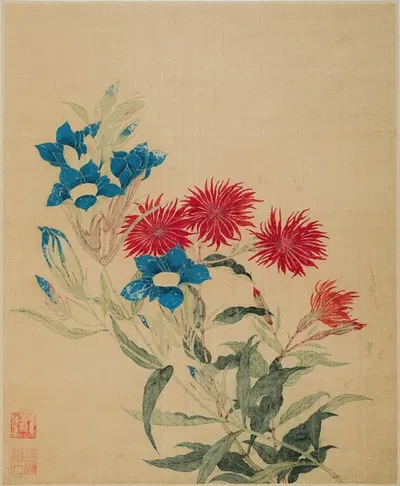 Blue Gentiana and Red Lychnis by Ma Yuanyu, 1690 — digital art print download