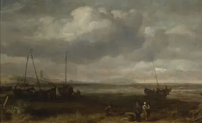 Seaside in Scheveningen with fishing boats by Simon de Vlieger — digital art print download
