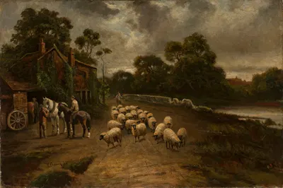 Genre scene with a flock of sheep by Thomas Creswick, 1850 — digital art print download