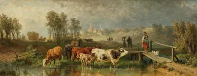 Возвращение с поля, на заднем плане маленькая деревня by Фридрих Вольц, 1883 — digital art print download