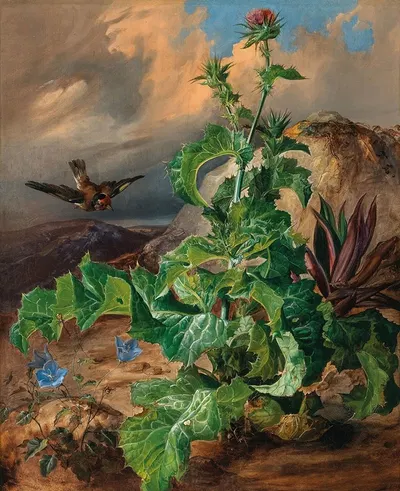 Large Thistle Still Life with Goldfinch by Франц Ксавер Грубер — digital art print download