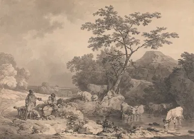 Figures by a stream with cattle watering by Филип Джеймс де Лутербург — digital art print download