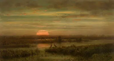 Пейзаж с цаплями на закате by Жан Пьер Франсуа Ламориниер — digital art print download
