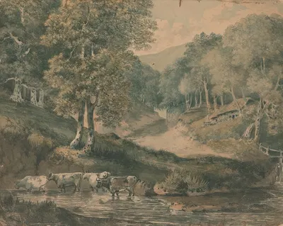 Landscape Study of Cattle in a Pool with a Cottage on a Hill by Rev. William Warren Porter — digital art print download