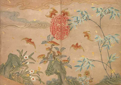 Bats, rocks, flowers oval calligraphy by Zhang Ruoai — digital art print download