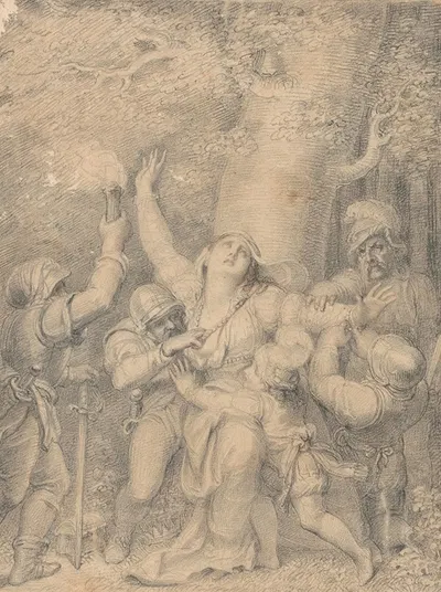 Queen Margaret of Anjou with the Prince, Her Son, Stripped of Her Regalia by Robbers in a Wood by Ричард Косвэй — digital…