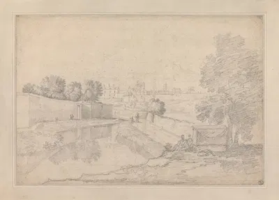 Italian Landscape with River Running Between High Wall at Left and High Bank at Right Towards a Small Town with Figures on…