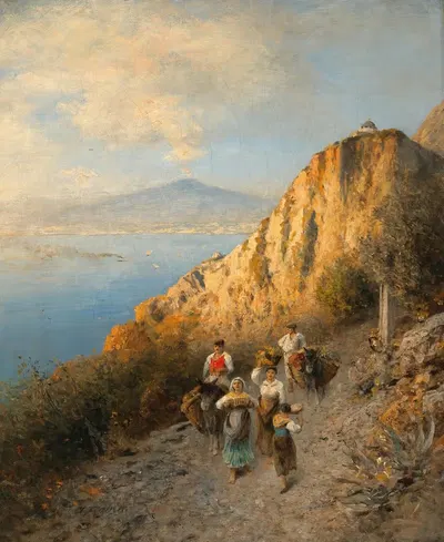 Возвращение домой с рынка, с Везувием на заднем плане by Альберт Фламм — digital art print download