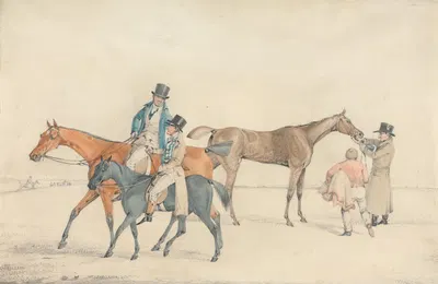 After the Race; Owner or Trainer Riding and Conversing with Jockey on Trainer's Hack; at Right, a Racehouse Being Watered…