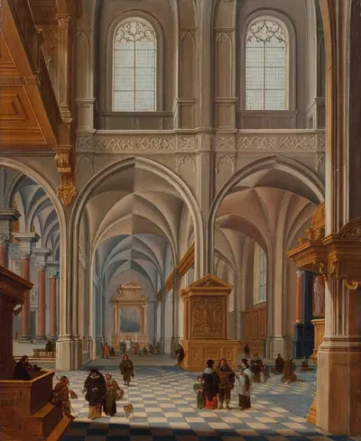 Interior of a church with elegantly dressed figures, friars and a clergyman by Bartholomeus van Bassen, 1650 — digital art…
