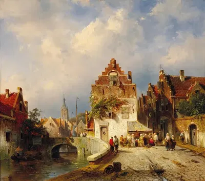 Сцена деревни с мостом by Шарль Лейкерт, 1855 — digital art print download