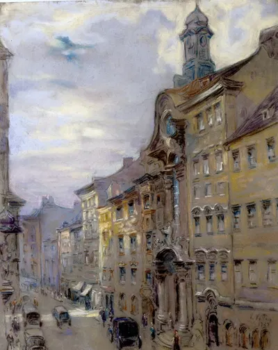 Улица Зендлинг в Мюнхене (с церковью Асам) by Чарльз Веттер, 1929 — digital art print download