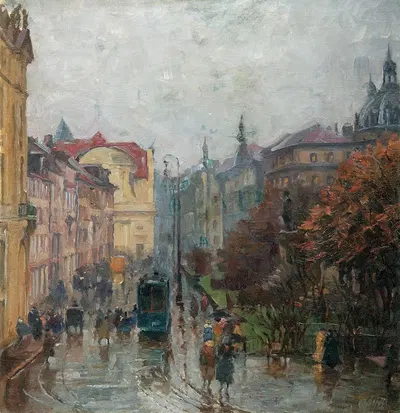 Променадплац в Мюнхене под дождем by Чарльз Веттер, 1920 — digital art print download