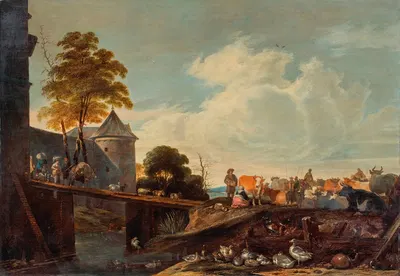 A cattle market on the outskirts of a walled town, with figures and animals crossing a bridge by Cornelis Saftleven —…