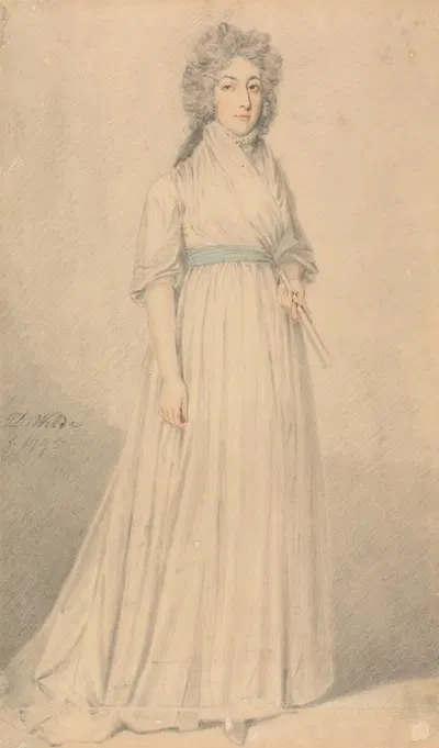 A Lady, full length, Wearing a Blue Sash and Holding a Fan by Самуэль де Вильд, 1795 — digital art print download