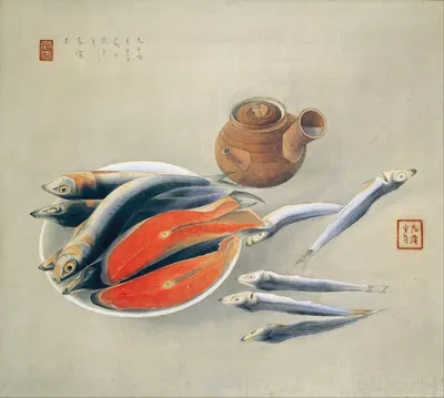 Still Life – Salmon Slices and Sardines by Tsuchida Bakusen, 1924 — digital art print download