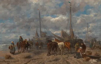 The Homecoming of the Fishermen, Market on the Beach by Désiré Thomassin, 1905 — digital art print download