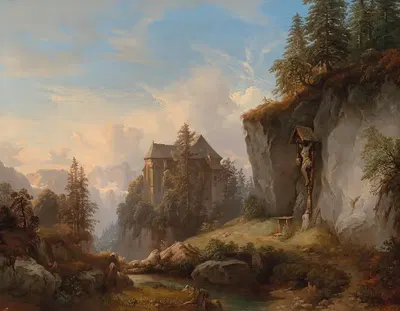 Горный пейзаж с часовней и придорожной святыней by Франц Барбарини, 1853 — digital art print download
