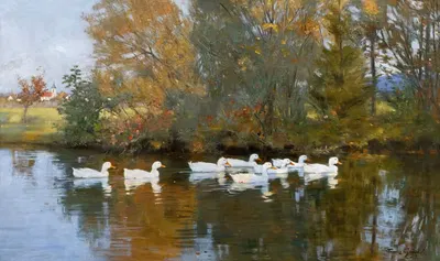 Herbstlandschaft mit Enten auf einem Teich by Franz Xaver Gräßel — digital art print download
