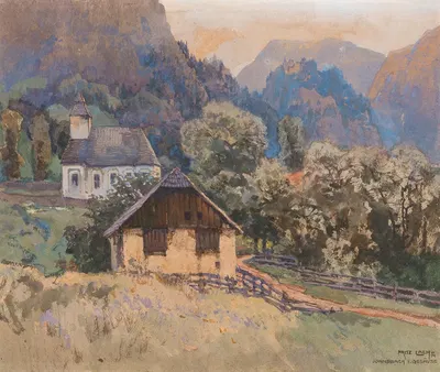 Небольшая церковь и сарай в Джонсбахе, горы Гезайз by Фриц Лах, 1914 — digital art print download