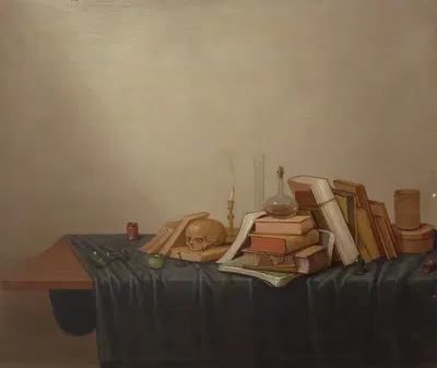 Ванитас с книгами, черепом, свечой и различными предметами на столе by Геррит ван Вухт — digital art print download