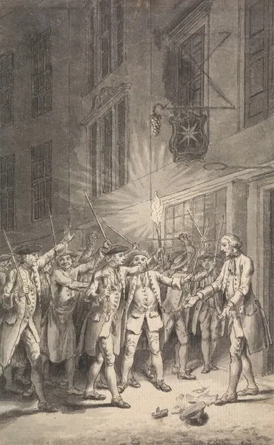 The Mob Assembled to Pull Down the Bawdy House kept by Peter Wood in the Strand by Samuel Wale — digital art print download