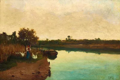 Venice, a Girl with Geese on the Banks of the Sile River by Guglielmo Ciardi — digital art print download