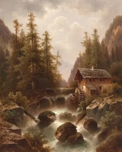 Мельница у горного потока by Густав Барбарини, 1870 — digital art print download