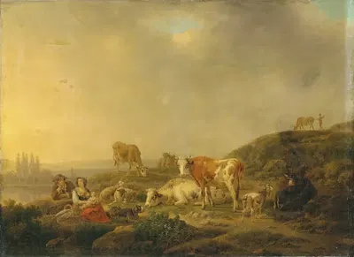 Речной пейзаж с пастухами и скотом by Генрикус Иосифус Антониссен, 1790 — digital art print download