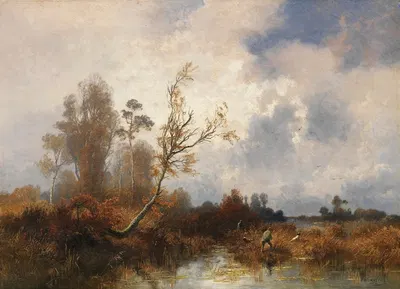 Herbstliche Landschaft mit Jägern im Dachauer Moos by Josef Wenglein — digital art print download