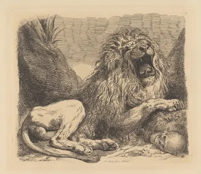 A Study from Nature; a lion among rocks, roaring, a human skull lower right by Sir George Hayter, 1820 — digital art print…