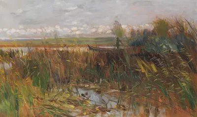 Мёркская озёрная местность с охотником на уток в лодке by Карл Хагемейстер, 1891 — digital art print download