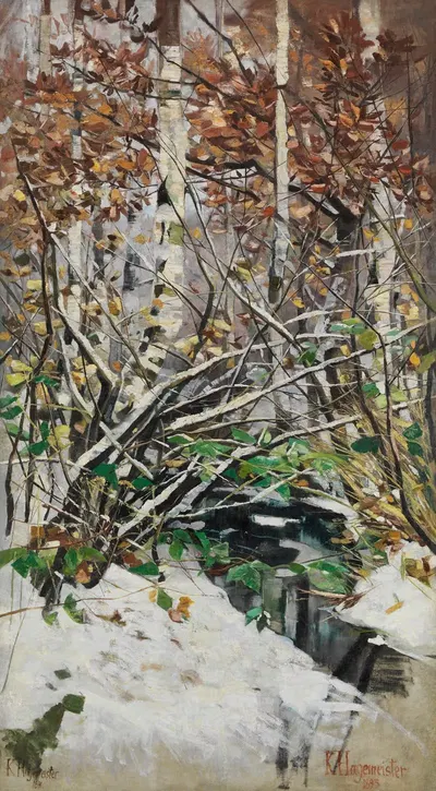 Заснеженный березовый лес у ручья by Карл Хагемейстер, 1891-1893 — digital art print download